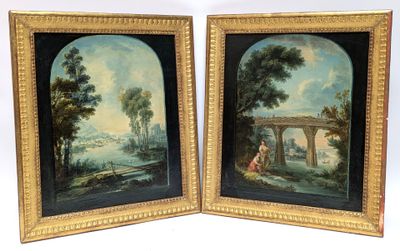 two framed paintings of a landscape with a man and woman on a bridge