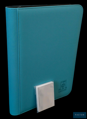 un classeur bleu orné d'un bouton blanc