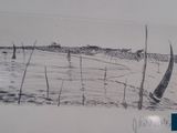 drawing of a view of a body of water with trees in the foreground