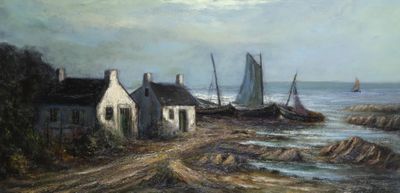une peinture représentant un bateau dans l'eau près d'une maison