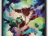 painting of a colorful abstract painting with a black frame on a white wall