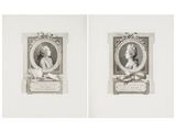 two framed portraits of a man and a woman, one of which is holding a book