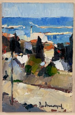 an oil painting of a view of the ocean from a hill