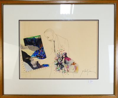 tableau représentant un homme tenant un sac et une femme tenant un sac à main