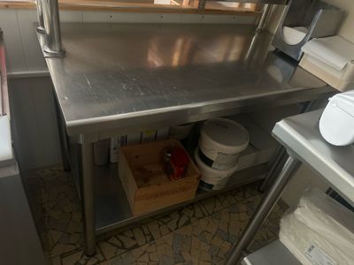a kitchen with a stainless steel counter and a sink