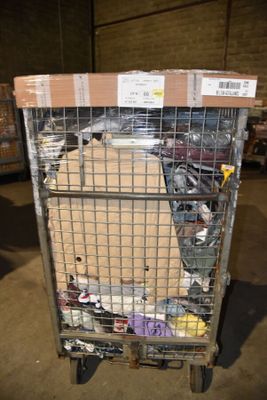 a cart with a lot of shoes on it in a warehouse