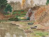 une aquarelle représentant des bateaux au bord d'un lac