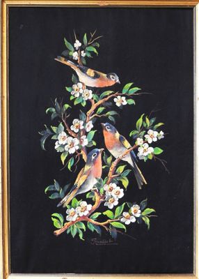 painting of three birds sitting on a branch of a tree with white flowers