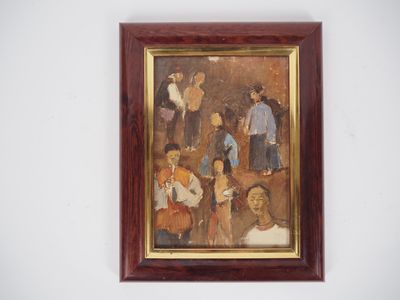 tableau représentant un groupe de personnes dans une pièce aux murs blancs