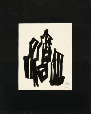 un dessin en noir et blanc représentant un bâtiment sur le toit duquel se tient un homme