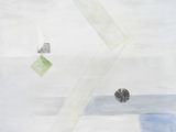 an abstract painting of a white and green zigzag on a white background