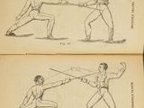 two pages of a book with drawings of two men in fencing stance