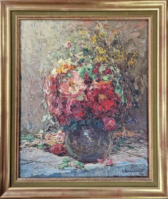 a painting of flowers in a vase on a table