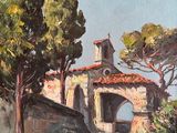 an oil painting of a house and trees on a sunny day