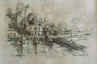sketches of a drawing of a village by the water