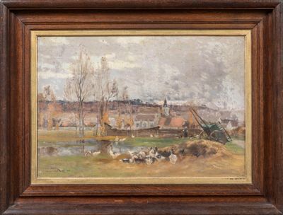une image représentant un tableau illustrant une scène de vie à la ferme, avec une rivière au premier plan