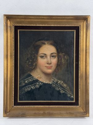 portrait of a woman in a black dress with a gold frame