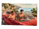 un tableau représentant deux hommes au volant d'une voiture de sport rouge