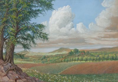 une peinture d'un arbre au milieu d'un champ