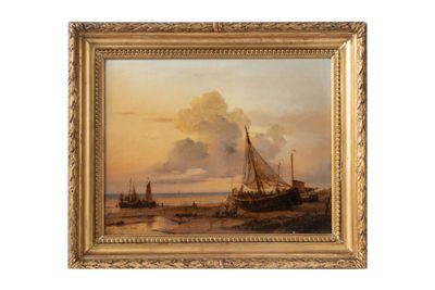 une peinture à l'huile représentant un voilier sur la plage au coucher du soleil
