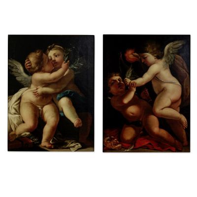 deux tableaux représentant un couple de chérubins et un bébé