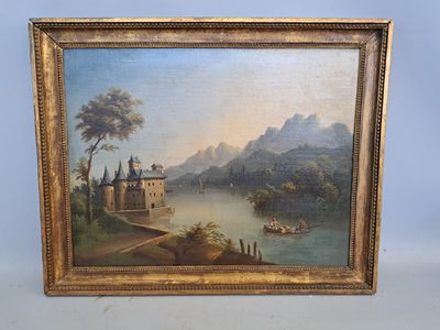 an oil painting of a river scene with a castle in the distance