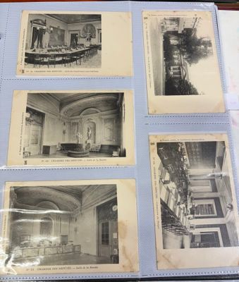 several old black and white photos of a dining room and a living room