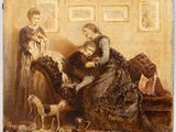 an image of a painting of a woman sitting on a couch next to a dog