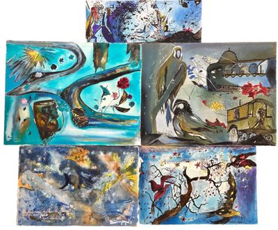 six tableaux représentant des oiseaux et des fleurs sur fond blanc