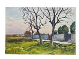 watercolor painting of two trees in a field with a fence in the background