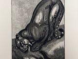drawing of a cat laying down on a pillow with its head on a pillow