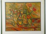 a painting of flowers in a vase on a table
