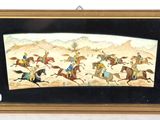 painting of a group of people riding horses in a desert