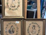 trois photos encadrées représentant une femme en robe et un homme coiffé d'un chapeau