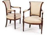 pair of early 20th century mahogany armchairs with upholstered upholstered arms