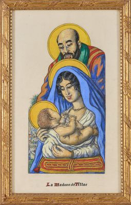 a painting of a man and woman holding a baby in a gold frame