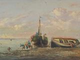 a painting of a boat on the beach by the water