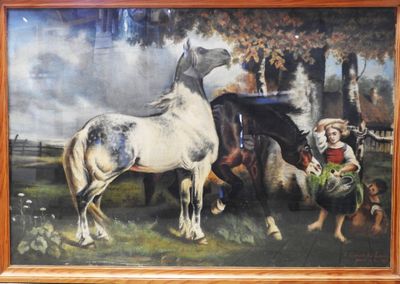 a painting of a horse and a dog in a field