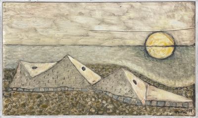 dessin représentant un tableau où l'on voit deux bateaux flottant sur un plan d'eau, avec la lune en arrière-plan