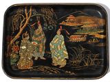 a black tray with a painting of a woman and two men
