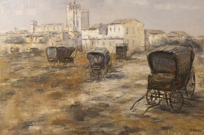 un tableau représentant une calèche au milieu d'un champ