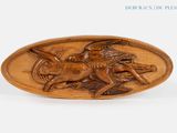 plaque en bois sculptée représentant un cheval et un oiseau perché sur une branche