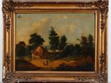 an oil painting of a farm scene with a man and a dog in the foreground