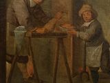 painting of a man sitting at a table with a dog in front of him and a man standing at a table with a dog in front of him