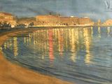 un tableau représentant une ville au bord de l'eau, la nuit