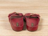 red leather slippers with gold buckles on a wooden floor