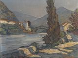 an image of a painting of a river with a house in the background