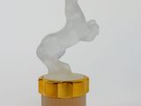 a white horse statue on top of a wooden box
