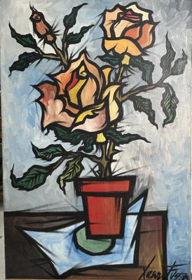 painting of three roses in a vase on a table