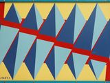 peinture abstraite représentant des triangles bleus, jaunes et rouges sur un cadre bleu
